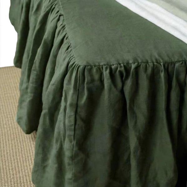 Forest Green Hemp Bed Skirt – 100% Hemp Ruffled Bed Valance, French Romantic Dust Ruffle, Natural Luxury Bedding, Custom Drop Length
