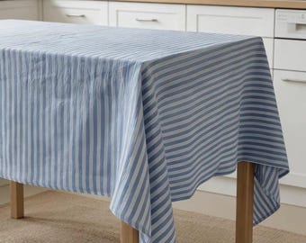 French Washed Linen Tablecloth, Striped Linen Table Cover, Natural Rustic Farmhouse Tablecloth, Soft Prewashed Linen, Custom Size Available