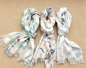 Linen Scarf for Women, Lightweight Floral Scarf, Artistic Print Shawl, Soft Breathable Linen Wrap, Spring Summer Fashion Accessory