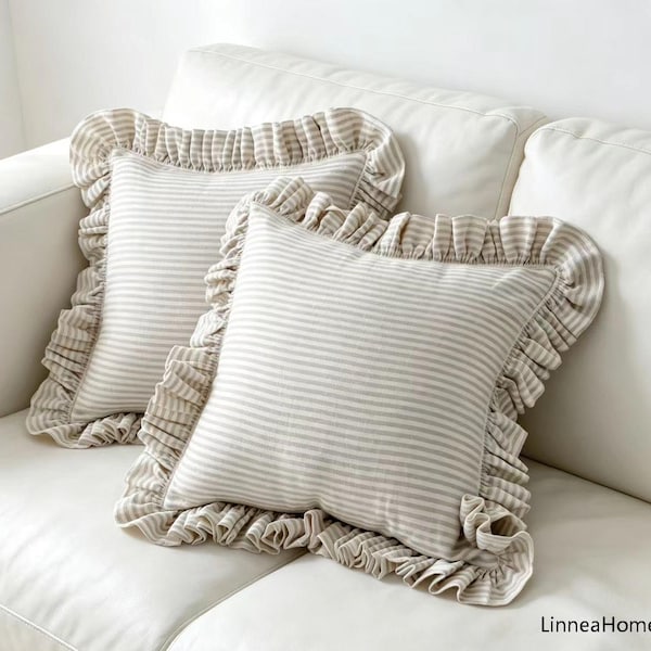 Handmade Linen Ruffle Pillow Cover | Farmhouse Striped Cushion Cover | Cottagecore Throw Pillow | Shabby Chic Home Decor | Custom Made