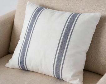French Country Linen Striped Pillow Cover | Olive Green or Navy Blue Stripe | Farmhouse Vintage Cushion Cover