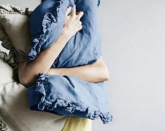 Linen Ruffle Pillowcase | Soft Washed Linen Cushion Cover | Custom Size Throw Pillow | 17 Colors | Farmhouse & Minimalist Decor