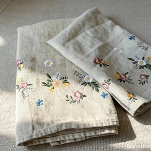 Embroidered Linen Throw | Floral Linen Sofa Cover | French Country Table Runner | Cottagecore Decorative Cloth | Handmade Made to Order
