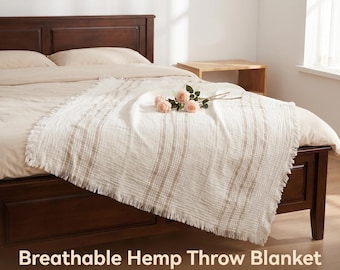 Luxury 100% Hemp Throw Blanket – Breathable Soft Woven Bed Throw, Natural Fringe Sofa Cover, Lightweight Summer Blanket
