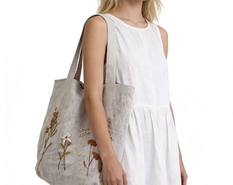 Hand Embroidered Linen Tote Bag, Floral Linen Shoulder Bag, Natural Linen Shopping Bag, Eco Friendly Everyday Tote