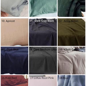 May include: A grid of twenty fabric swatches in various colors including caramel, white gray, peacock green, gray blue, pure white, natural, light gray blue, lake green, dark green, apricot, dark gray black, army green, dark blue, dark medium gray, khaki gray, rust red, lotus root pink, blue, hemp brown, and coffee brown. Text lists sizes in inches: Twin 68" x 86", Full 80" x 90", Queen 90" x 90", King 104" x 90", and California King 104" x 96".