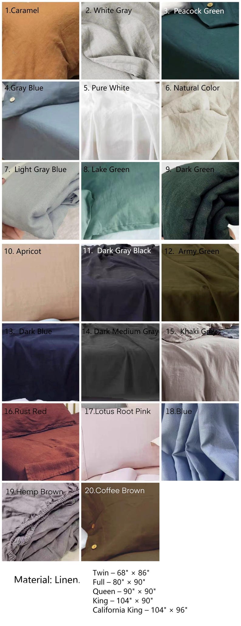 May include: A grid of twenty fabric swatches in various colors including caramel, white gray, peacock green, gray blue, pure white, natural, light gray blue, lake green, dark green, apricot, dark gray black, army green, dark blue, dark medium gray, khaki gray, rust red, lotus root pink, blue, hemp brown, and coffee brown. Text lists sizes in inches: Twin 68" x 86", Full 80" x 90", Queen 90" x 90", King 104" x 90", and California King 104" x 96".