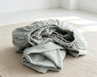 Washed Linen Fitted Sheet | 100% Linen Bed Sheet | Soft Breathable Mattress Cover | Deep Pocket Fitted Sheet | Custom Made Bedding