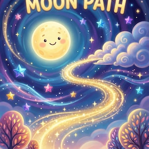 Può includere: Un'illustrazione stravagante intitolata "The Magic Moon Path". Una luna sorridente guida un sentiero scintillante attraverso un cielo stellato. Stelle colorate e alberi stilizzati incorniciano la scena, creando un'atmosfera sognante e fantastica.