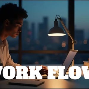 Può includere: Una persona che lavora su un laptop a una scrivania, illuminata da una lampada da scrivania. Le parole "WORK FLOW" sono visualizzate in grandi lettere bianche nella parte inferiore dell'immagine. Lo sfondo mostra uno skyline della città al tramonto.