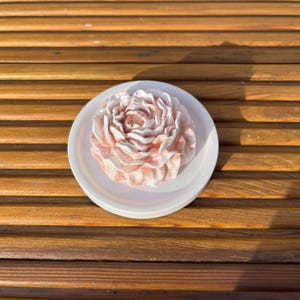 May include: A white ceramic plate displays a decorative rose-shaped item. The rose is a mix of white and pale pink, with intricate petal details. The plate rests on a wooden slatted surface, offering a contrast of textures and colours.