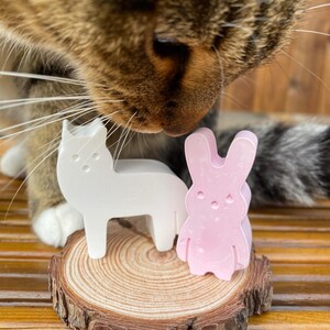 May include: A white cat-shaped figurine and a light pink rabbit-shaped figurine standing on a circular wooden slice. The cat figurine has simple circular indentations for eyes and ears, while the rabbit figurine features a similar minimalist design.