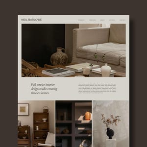 May include: A website design with the name "NEIL BARLOWE" at the top, showcasing interior design services. The page includes images of furniture and decor, with the text "Full service interior design studio creating timeless homes."
