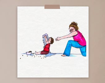 Może przedstawiać: Akwarelowa ilustracja dziecka wylewającego na siebie wodę, z kobietą wyciągającą rękę. Dziecko ma na sobie czerwony strój, a kobieta różowy top i niebieskie spodnie. Na podłodze stoi miska z jedzeniem.