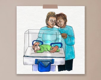 Incubator hold, NICU, motherhood, parenthood, premature, baby, strength, art print, illustration, hands, Miracle moon