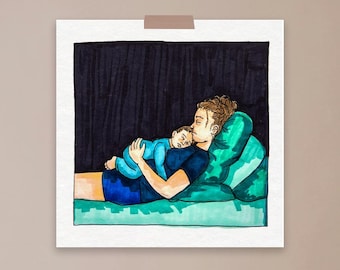 Falling asleep, mum illustration, motherhood, mother and baby, wall art, art print, real life