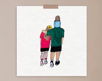 Family walks, mum dad illustration, fatherhood, motherhood, wall art, art print, real life,