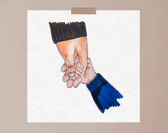 Father and son holding hands, family, dad illustration, parenthood, wall art, art print