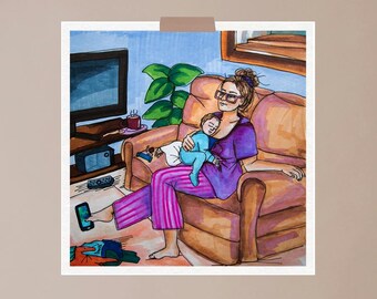 Nap trapped , tired, mum illustration, motherhood, maternity leave, wall art, art print, postpartum