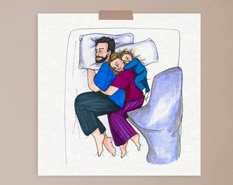 Family cuddles, valentines day, mum illustration, parenthood, wall art, art print, real couple, love