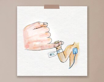 Holding on, NICU, motherhood, parenthood, premature, baby, strength, art print, illustration, hands, Miracle moon