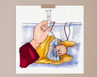 Feeding, incubator, NICU, motherhood, parenthood, premature, baby, strength, art print, illustration, hands, Miracle moon