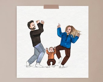 Dancing family, valentines day, mum illustration, motherhood, wall art, art print, real life, dad
