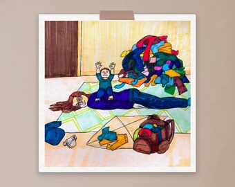 Too much washing, mum illustration, motherhood, over stimulated, wall art, art print, real life