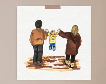 Family walks, valentines day, mum illustration, parenthood, wall art, art print, real couple, love
