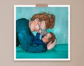 Glasses, mum illustration, motherhood, baby and mother, wall art, art print, real life