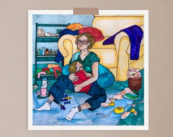 Exhausted, mum illustration, motherhood, mother and baby, wall art, art print, real life, tired