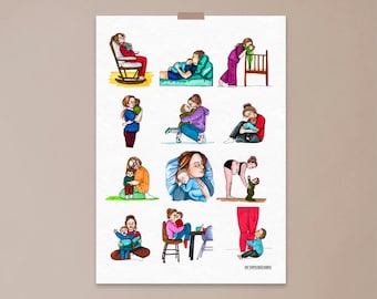 Motherhood digital A3 download, mothers day, mum, gift, cuddles, new mum, mom, art, illustration.
