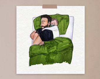 Daddy cuddles, baby, dad illustration, fatherhood, wall art, art print, real life, co-sleeping