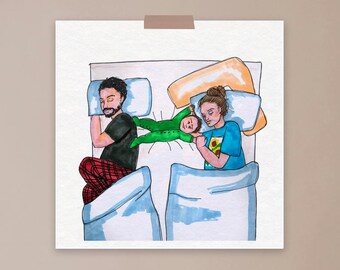Co-sleeping, baby, mum illustration, motherhood, wall art, art print, real life, validating