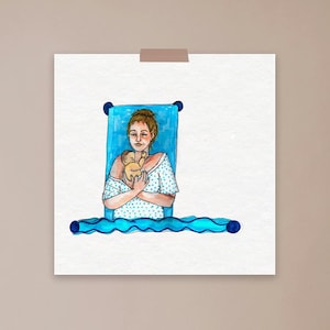 May include: Watercolor illustration of a woman holding a baby. The woman is wearing a white and blue polka dot top. The baby is wrapped in a yellow blanket. The artwork is on a white background with blue accents.