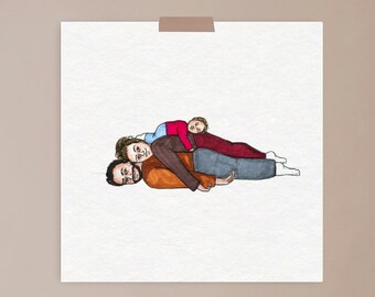 Family Pile Illustration, Parenthood Art Print, Real Couple, family of three