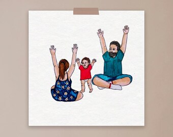 Baby steps, family illustration, motherhood, fatherhood, wall art, art print, real life, firsts