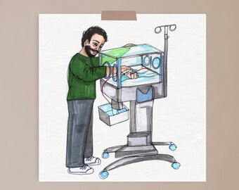 Incubator chats, NICU, fatherhood, parenthood, premature, baby, strength, art print, illustration, hands, Miracle moon