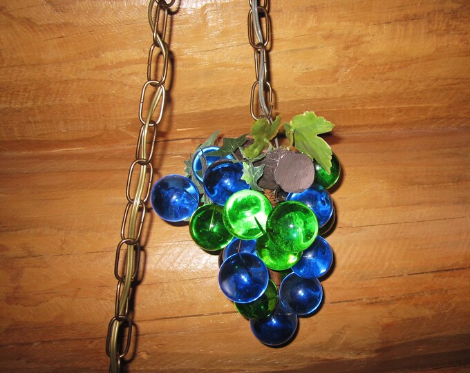 Retro Hanging Grape Cluster Swag Lamp Blue & Green Lucite Grapes Newly