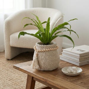 Cement Crochet Effect Planter, Boho Flower Pot with Wood Beads, 15cm Rural Chic Vase, Wabi-Sabi Table Decor, Natural Design Indoor Plant Pot