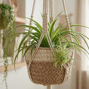 Wieszak na rośliny makrama bawełniany, 75 cm wiszący kosz boho, pojemnik na rośliny w stylu nordyckim, naturalna dekoracja ścienna, doniczka z juty i białego materiału
