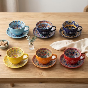 Peut inclure: Six tasses et soucoupes en céramique avec des motifs floraux colorés et complexes. Les tasses sont dans des tons de bleu, marine, jaune, orange et rouge, chacune avec une soucoupe assortie. L'ensemble est disposé sur une table en bois.
