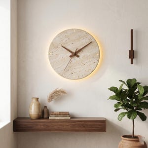 Light Up Travertine Wall Clock LED, Natural Stone Wabi-Sabi Pendulum, Boho Chic Wall Decor, Minimalist Backlit Stone Clock