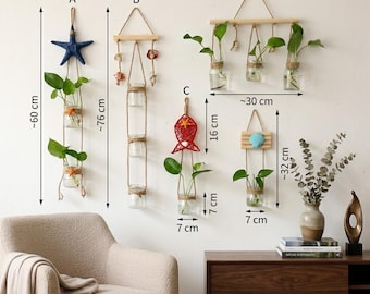 Stazione di propagazione a parete, porta piante sospeso in stile boho, vaso in legno e vetro, fioriera multipla a parete, decorazione in stile Instagram, vaso per boccioli in legno