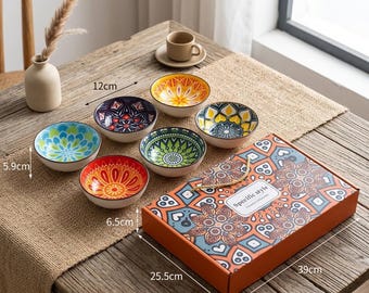 Set di 6 ciotole in porcellana stile boho - Set di stoviglie colorate con mandala - Confezione regalo di stoviglie artigianali - Stile lampada a sospensione boho