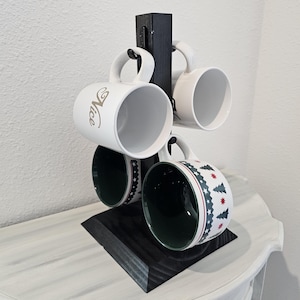 Rustic Handmade Wooden Mug Tree with Black Metal Hooks for Coffee Bar or Kitchen Display - Multiple Stain Options | Solid Pine