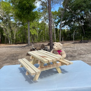 May include: A small, unfinished wooden picnic table with attached benches. The table is made of light-colored wood and is set on a light blue surface. A teddy bear with a pink scarf sits behind the table. The background features trees and a blue sky.