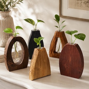 Puede incluir: Un conjunto de cinco estaciones de propagación de madera, cada una con un tubo de ensayo de vidrio transparente. Los marcos de madera varían en forma, incluyendo diseños ovalados, triangulares y trapezoidales, en tonos marrón oscuro, negro y natural.
