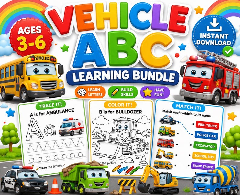 Vehicle ABC Learning Bundle, Ages 3-6, Tracing, Coloring (printable PDF ...