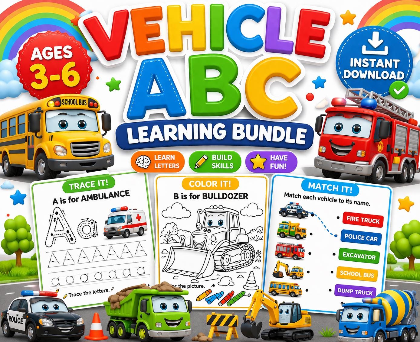 Vehicle ABC Learning Bundle, Ages 3-6, Tracing, Coloring (printable PDF ...